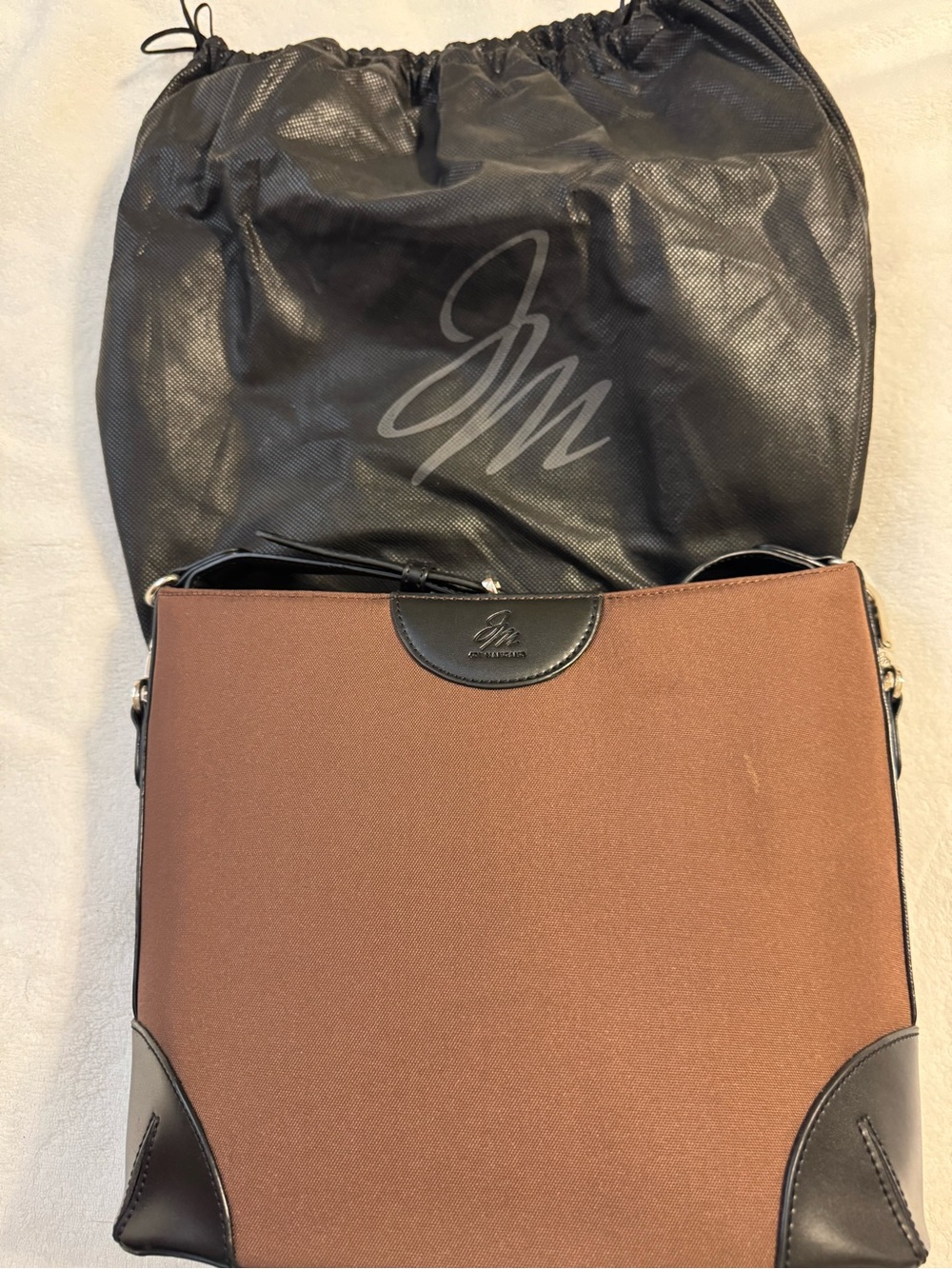 Joy Mangano Brown Designer Drop Bag with Black Trim